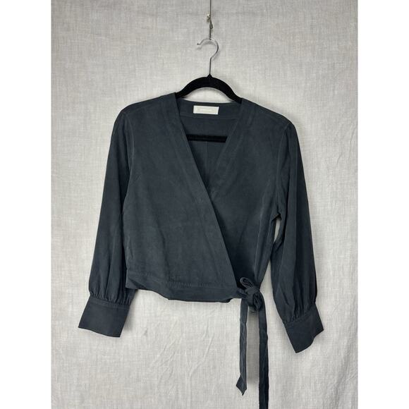 Everlane Size 2 Black Washable Silk Wrap Tie Shirt Blouse / Quiet Luxury - Picture 1 of 8